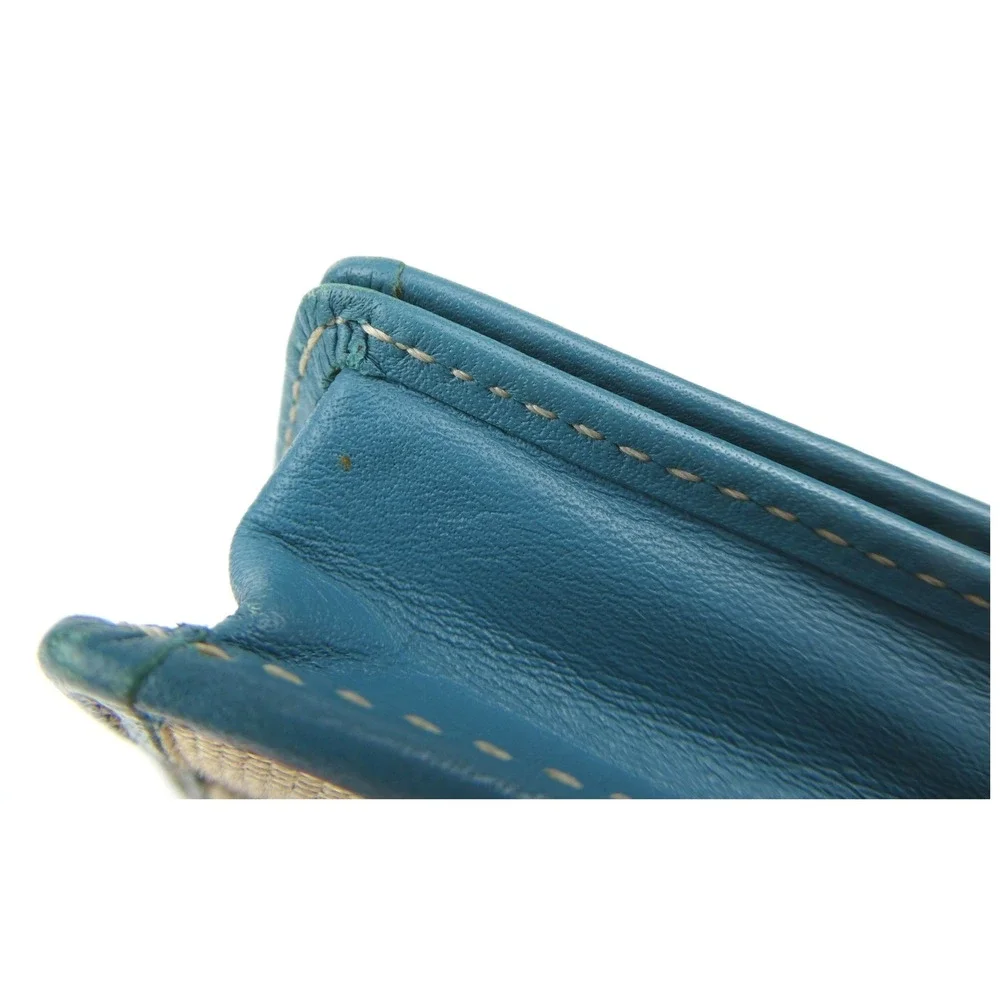 Coach Signature Khaki Teal Leatherware Bifold Card Case Wallet
